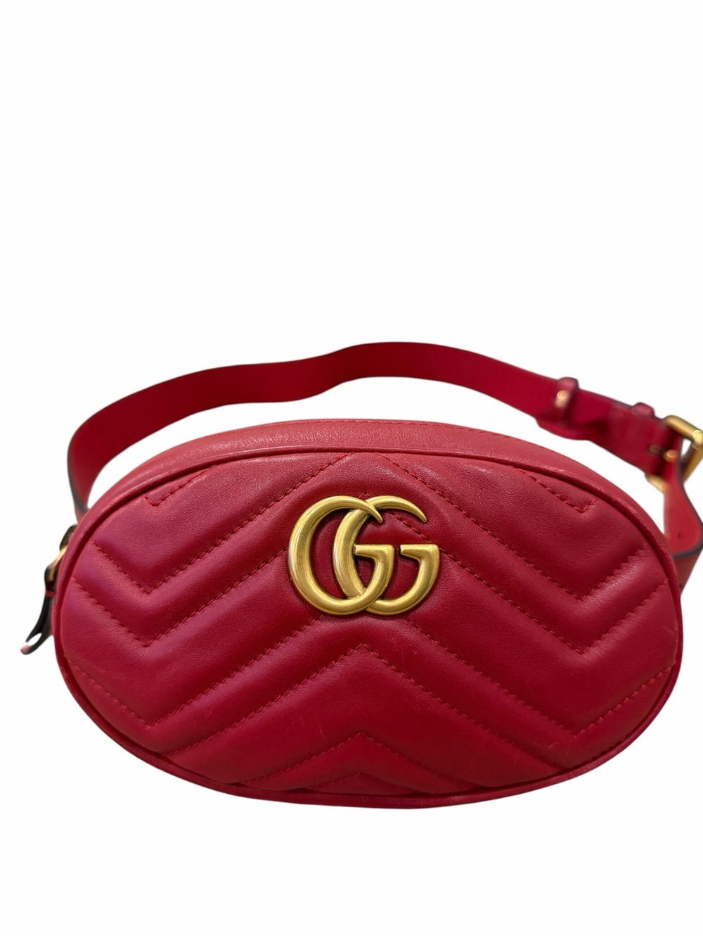 Gucci Calfskin Matelasse GG Marmont Belt Bag 85 34 Hibiscus Red
